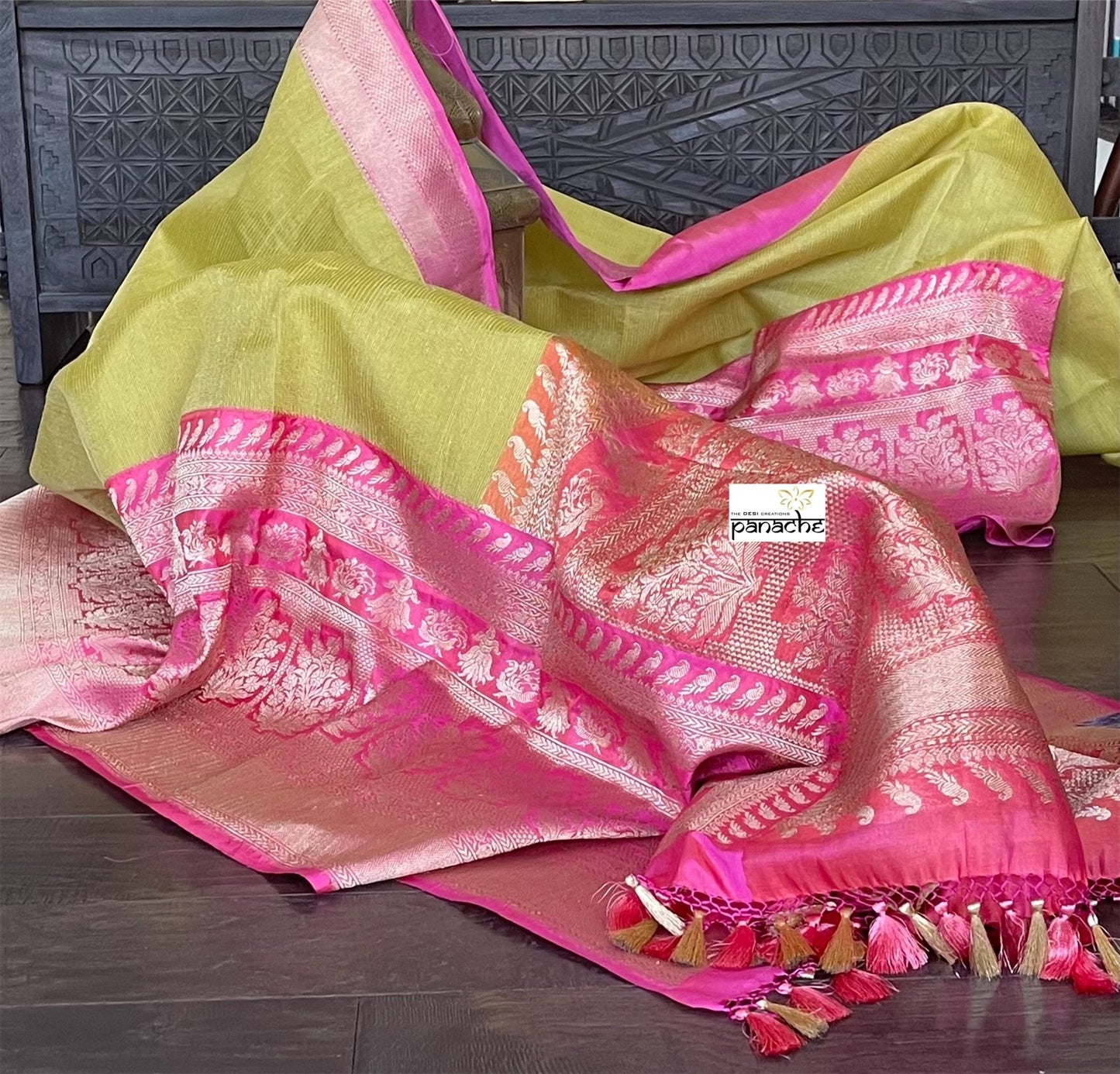 Pure Kora by Katan Silk Banarasi - Pista Green Pink Kadwa Woven