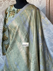Pure Tussar Silk - Grey Pista Green Printed