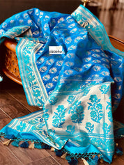 Pure Katan Silk Banarasi - Royal Blue Firozi Antique Zari