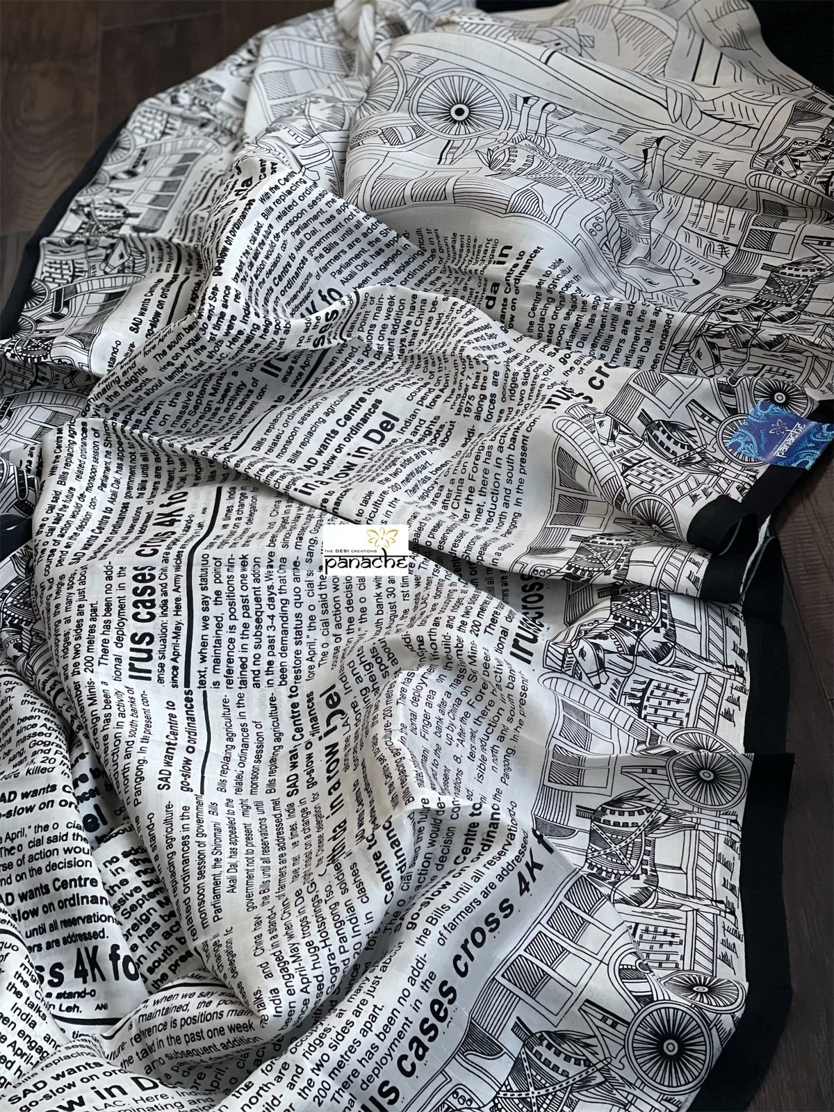 Pure Bishnupur Silk -  Offwhite Black Newspaper Printed