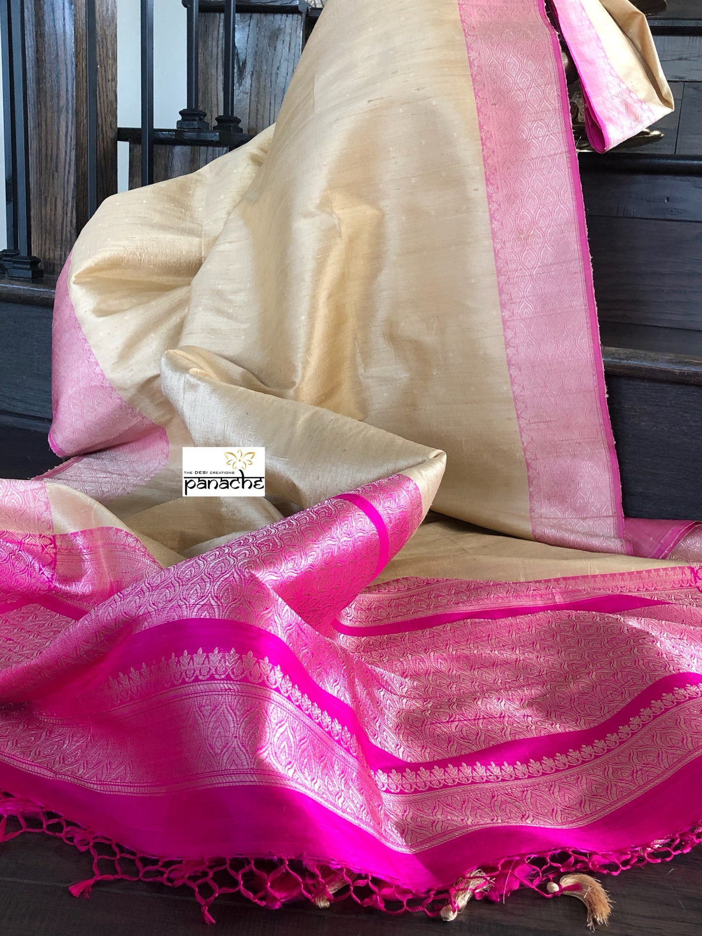 Tussar Silk Banarasi - Golden Beige Pink Small Zari Buti