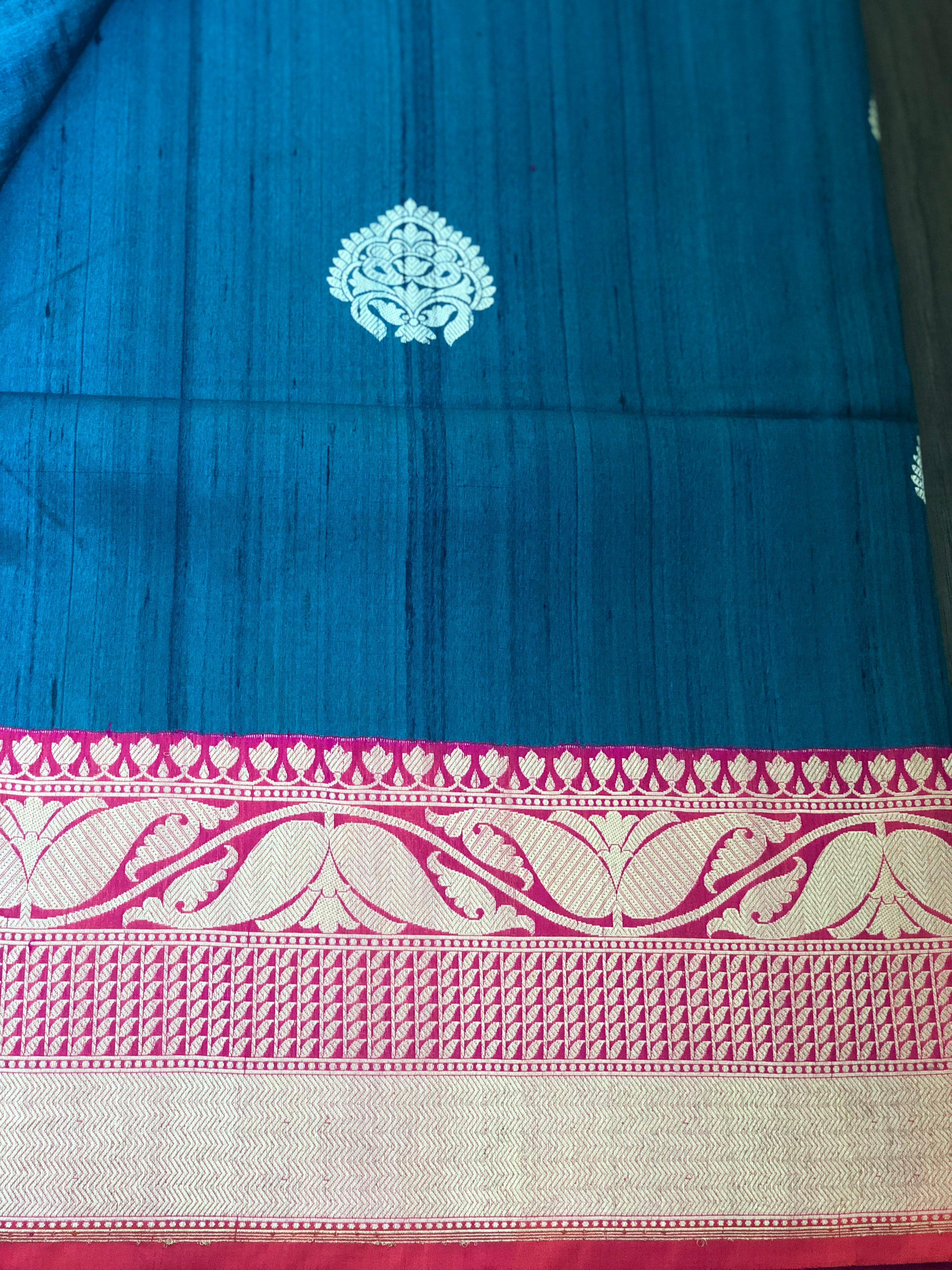 Exclusive Pure Tussar Silk Benarasi - Teal and Pink