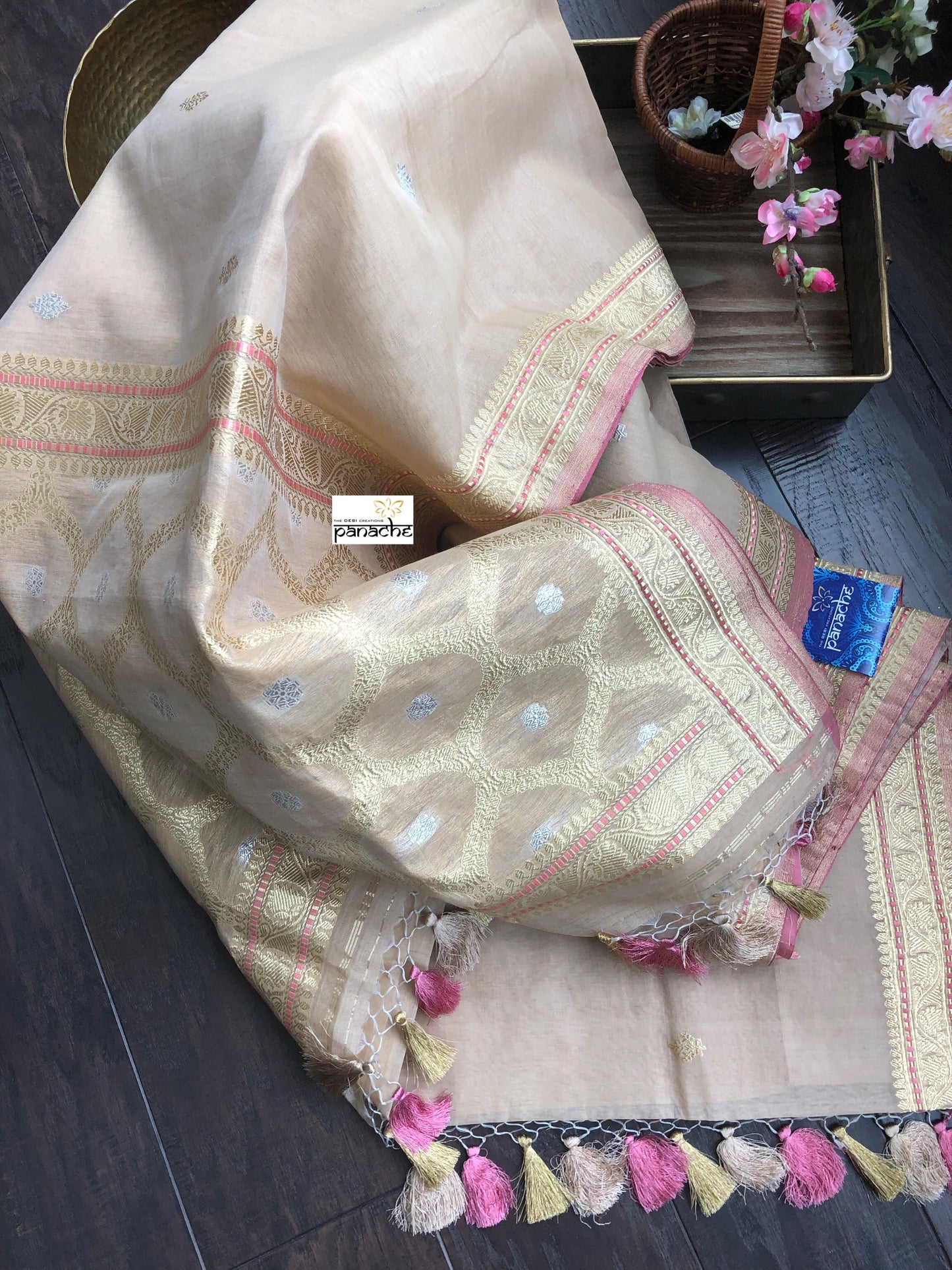Kora Banarasi - Cream Beige Kadwa woven
