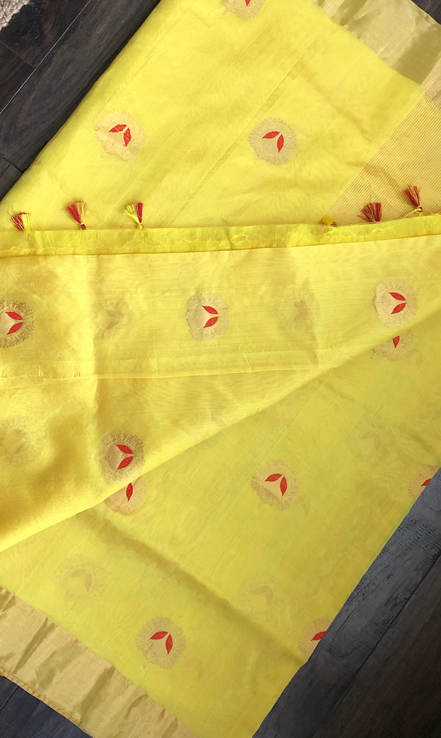 Pure Chanderi Silk - Yellow Red Eknaliya Woven