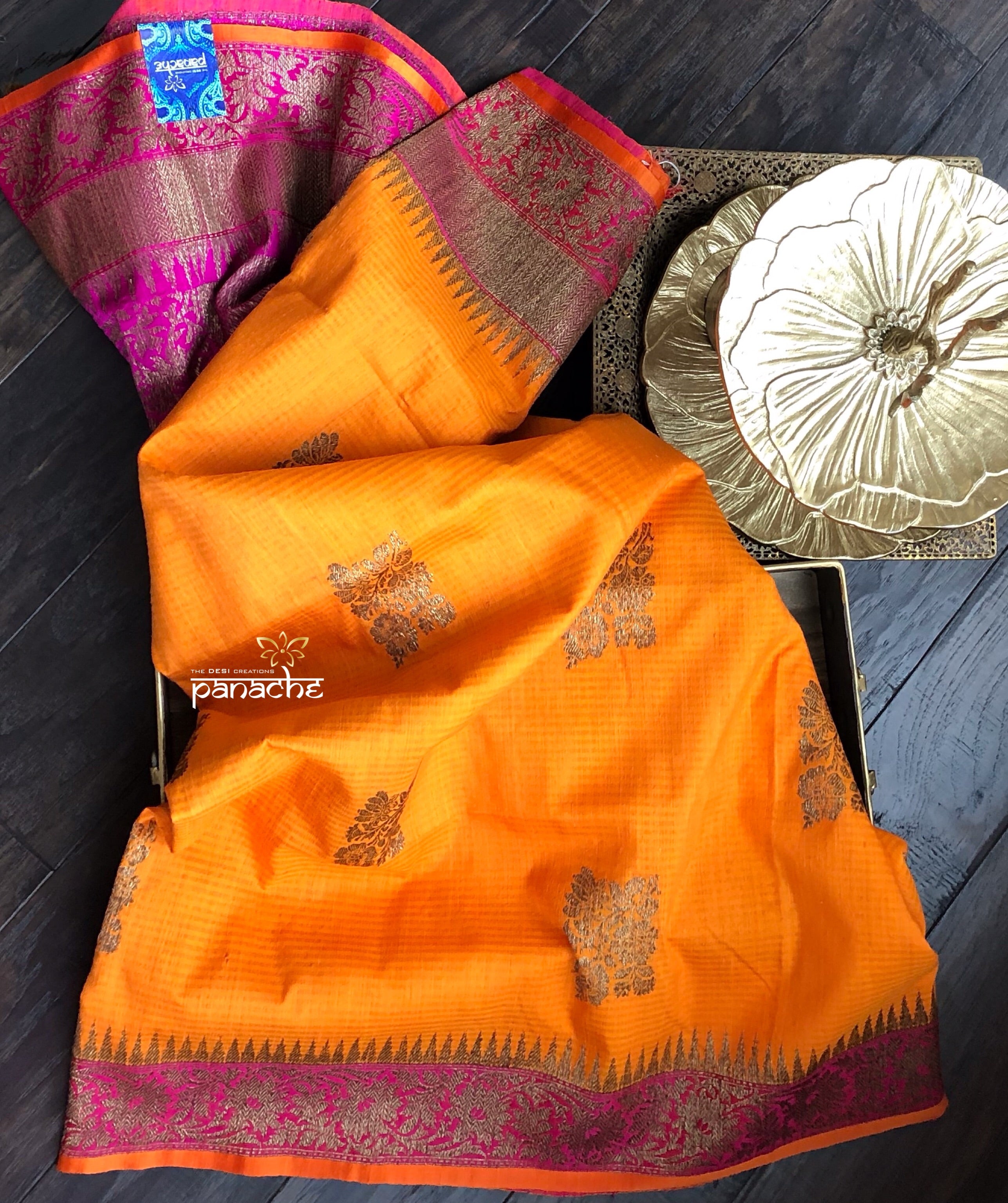 Tussar Silk Banarsi - Orange Magenta