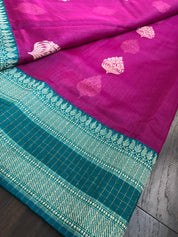 Tussar Silk Banarasi - Magenta Pink Rama Green Zari checkered
