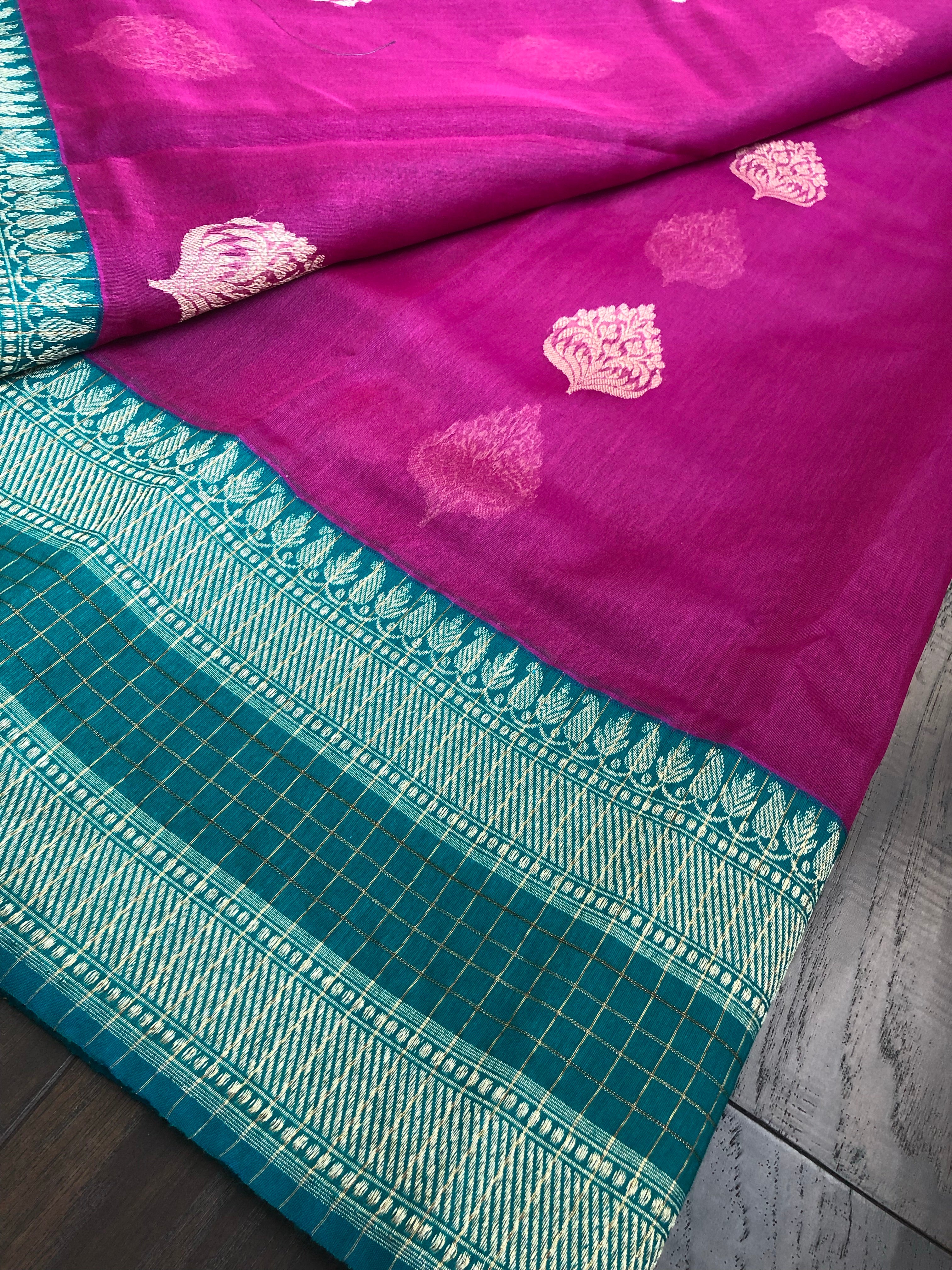 Tussar Silk Banarasi - Magenta Pink Rama Green Zari checkered