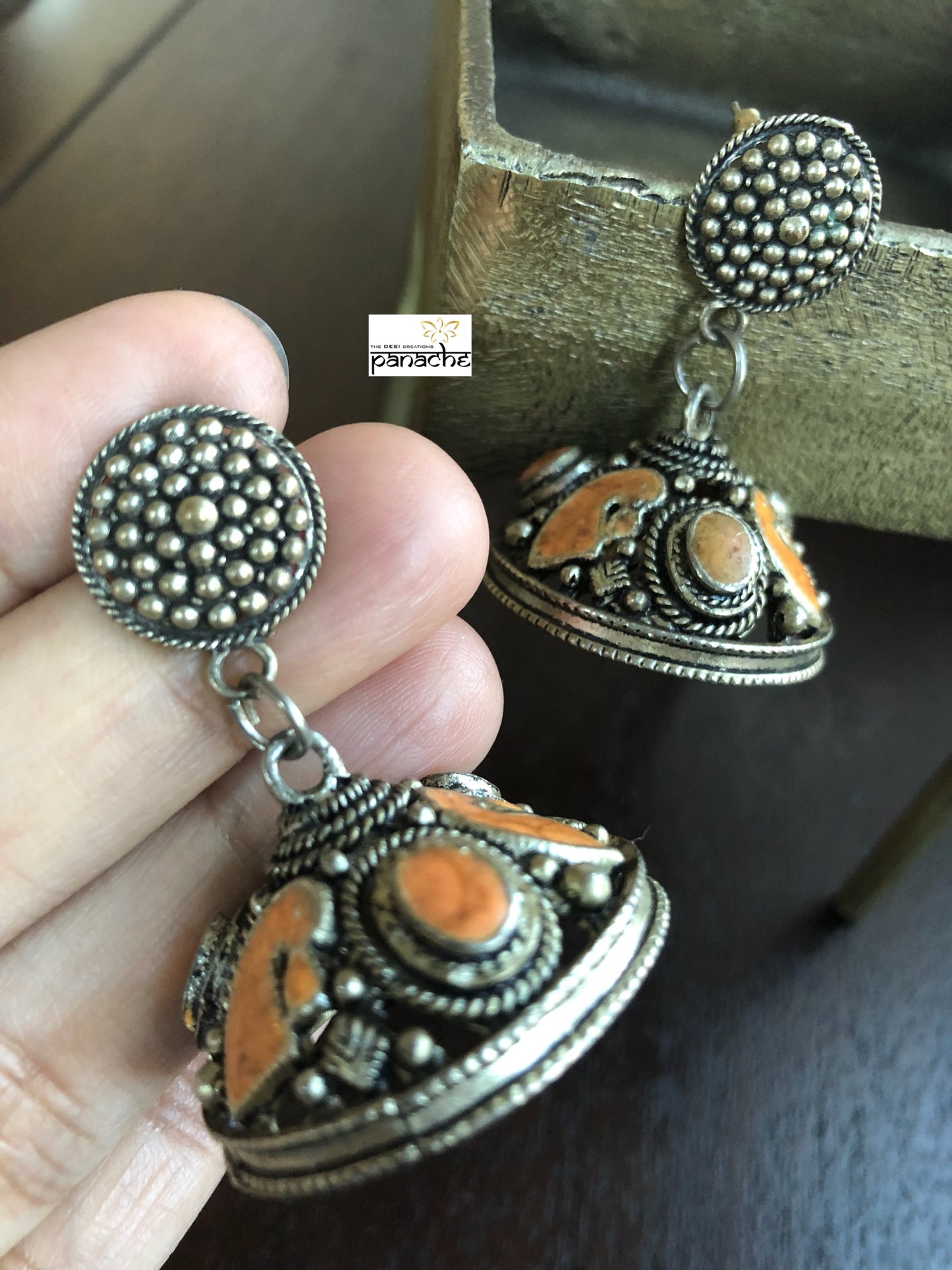 Jewelry- Silver Jhumka orange Stone