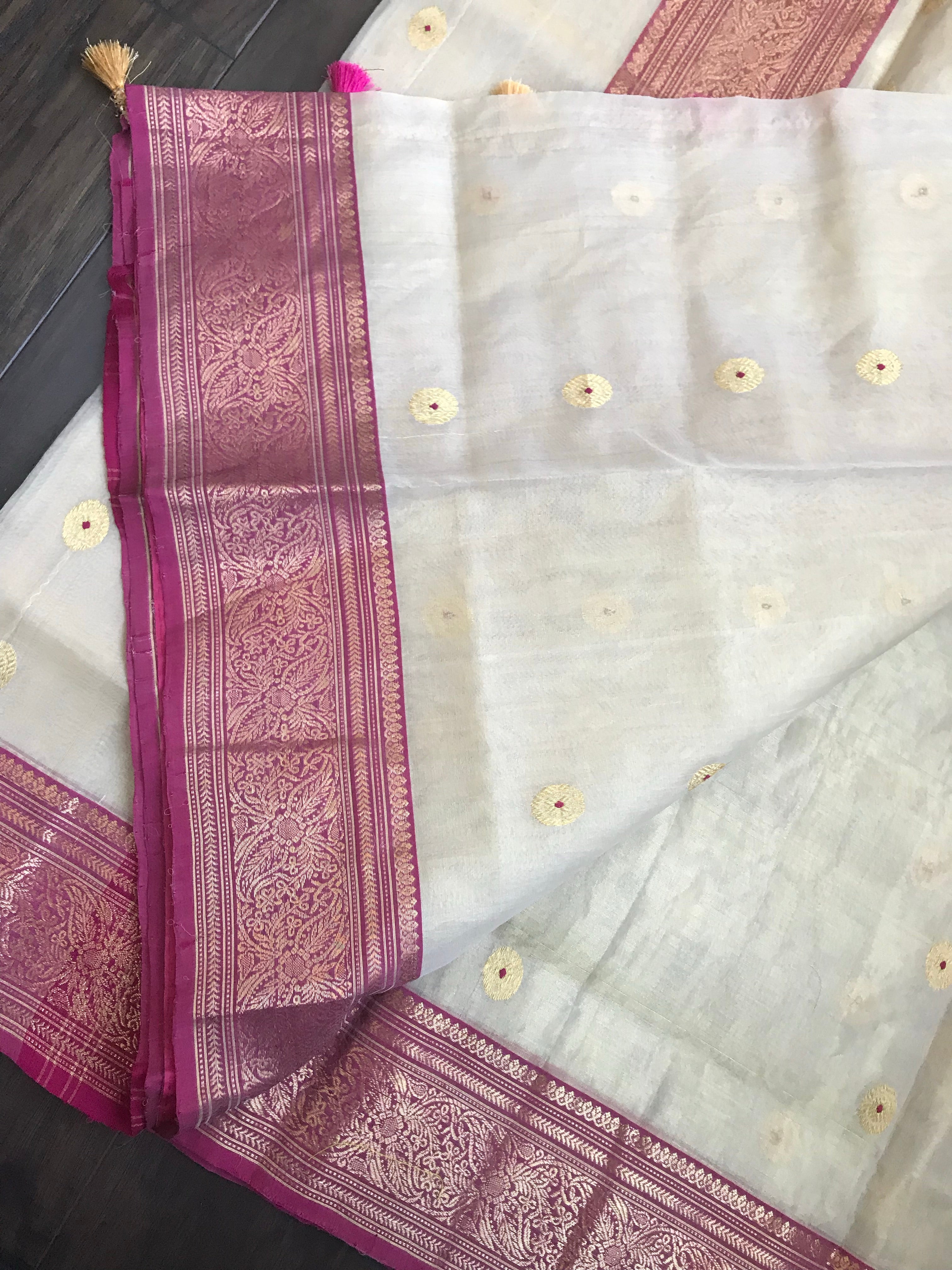 Tissue Chanderi Silk - Golden Beige Magenta Meenakari