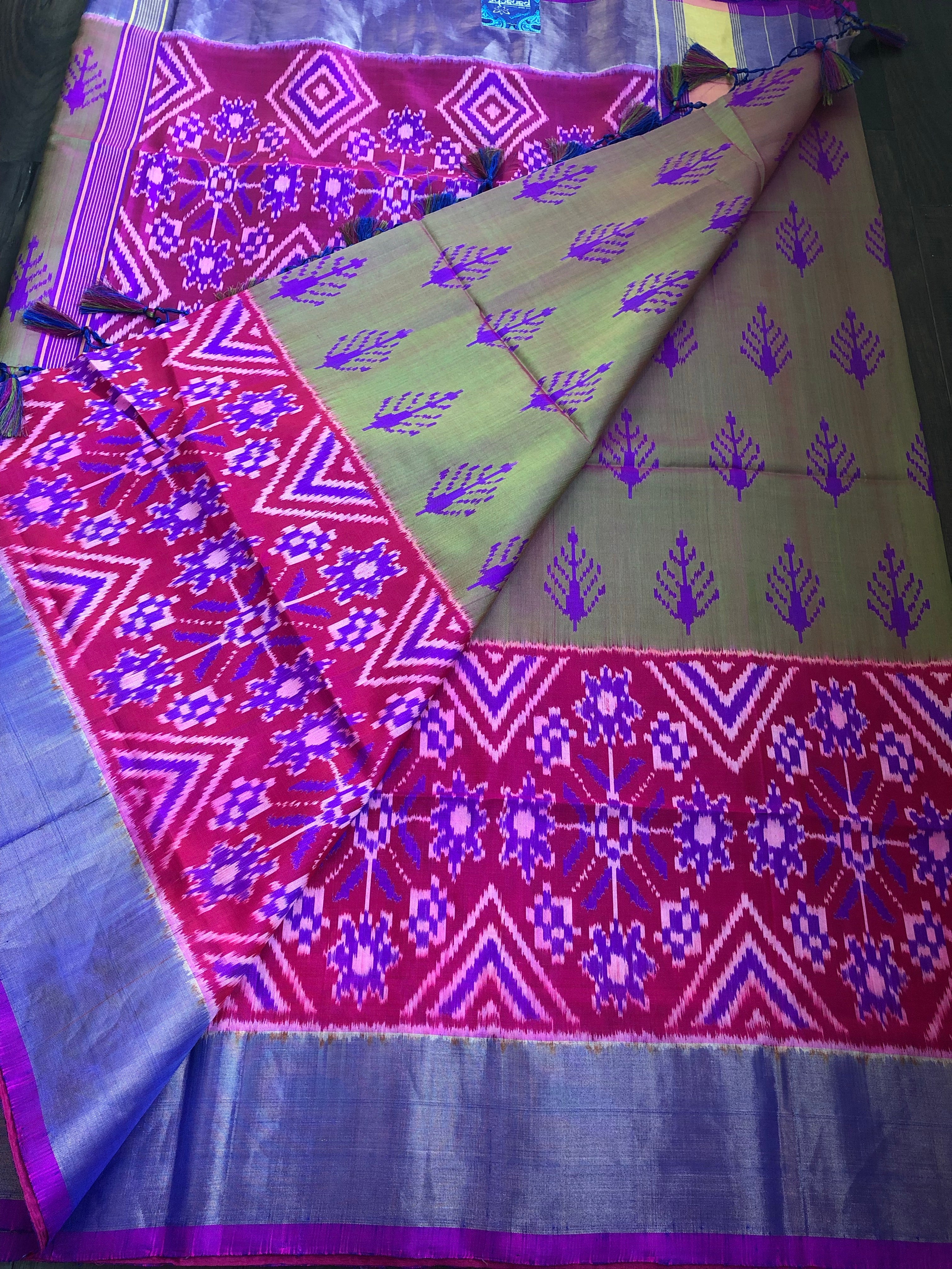 Patan Silk Patola - Green Magenta Dual Shaded