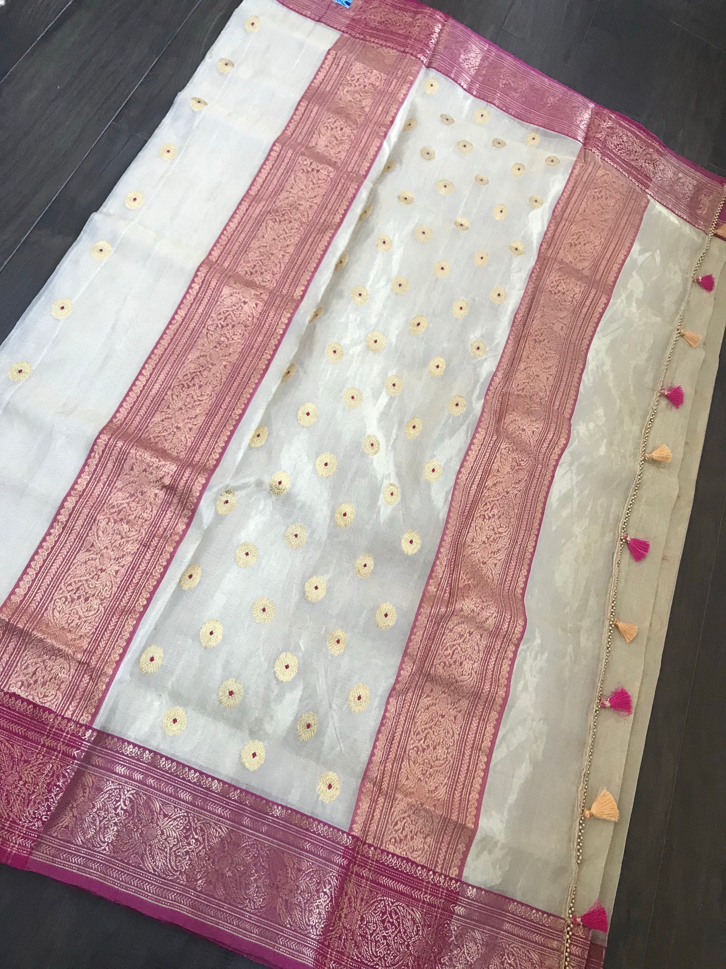 Tissue Chanderi Silk - Golden Beige Magenta Meenakari