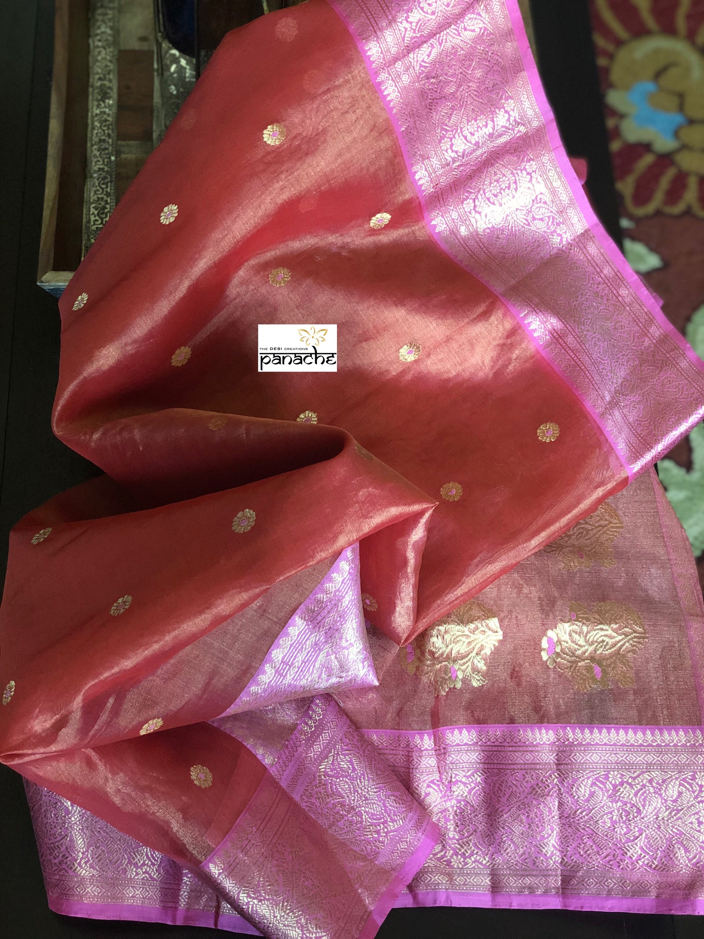 Tissue Chanderi Silk - Orangish Peach Lavender
