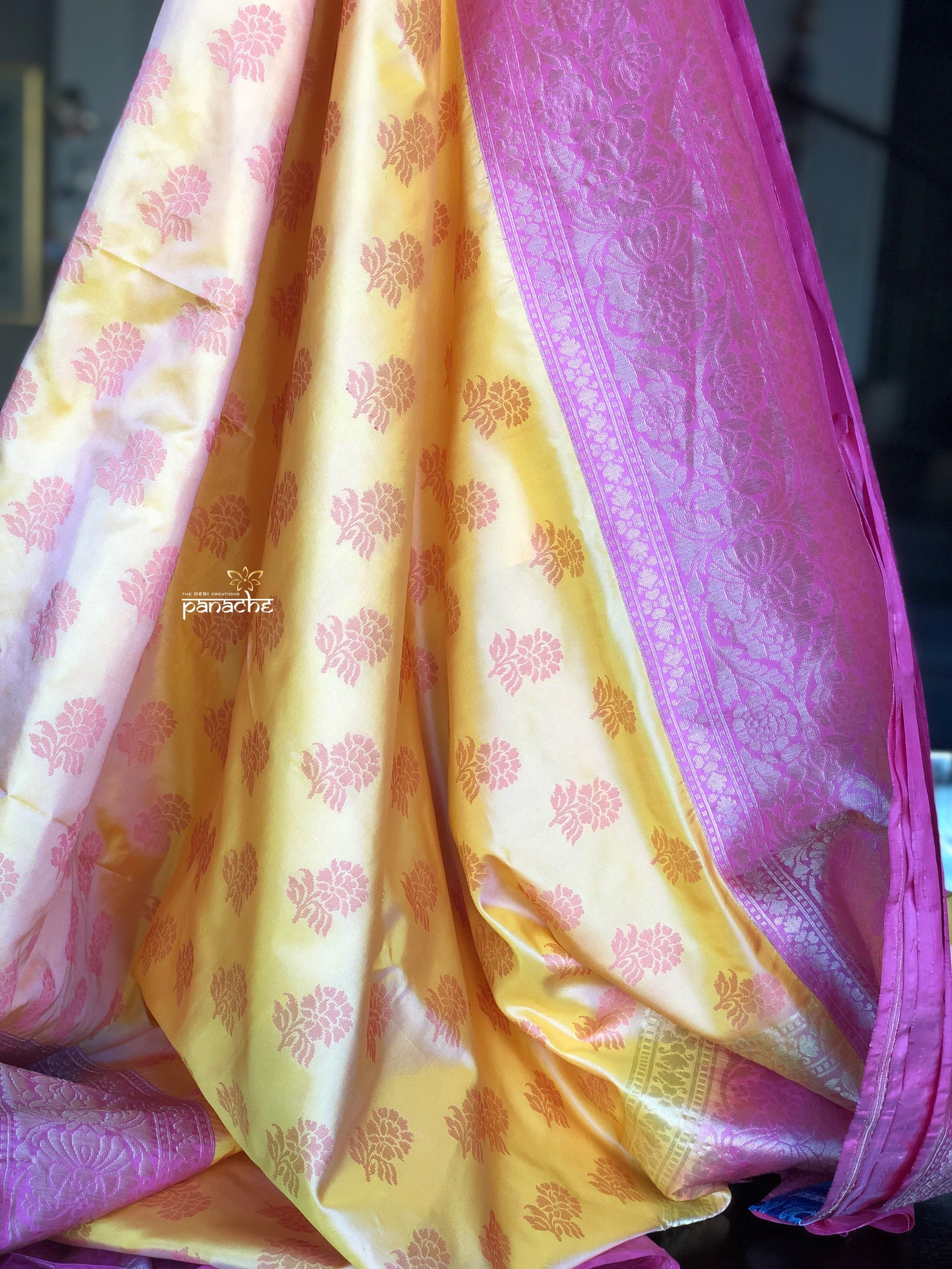 Silk Banarasi - Yellow Pink Resham Woven