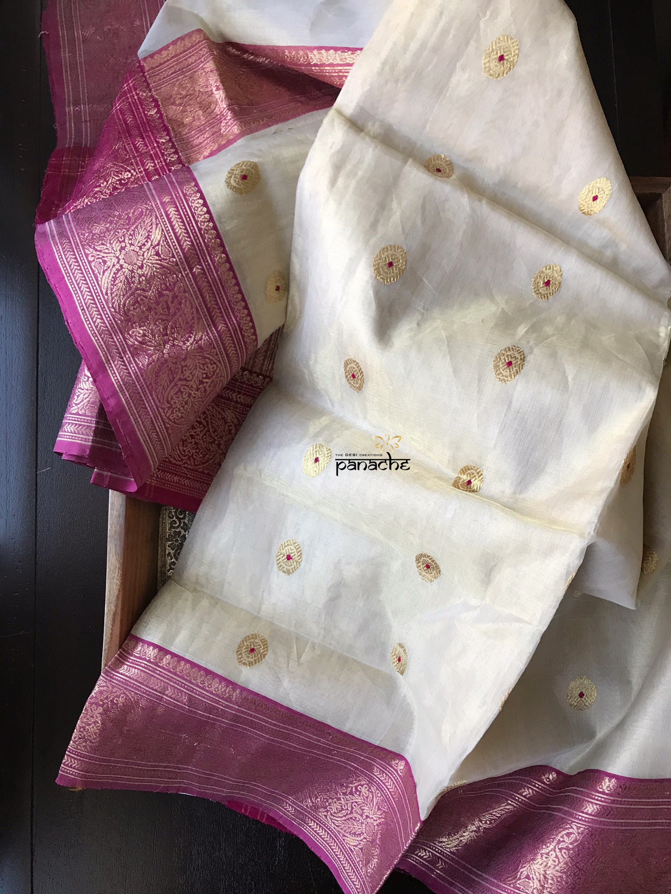 Tissue Chanderi Silk - Golden Beige Magenta Meenakari