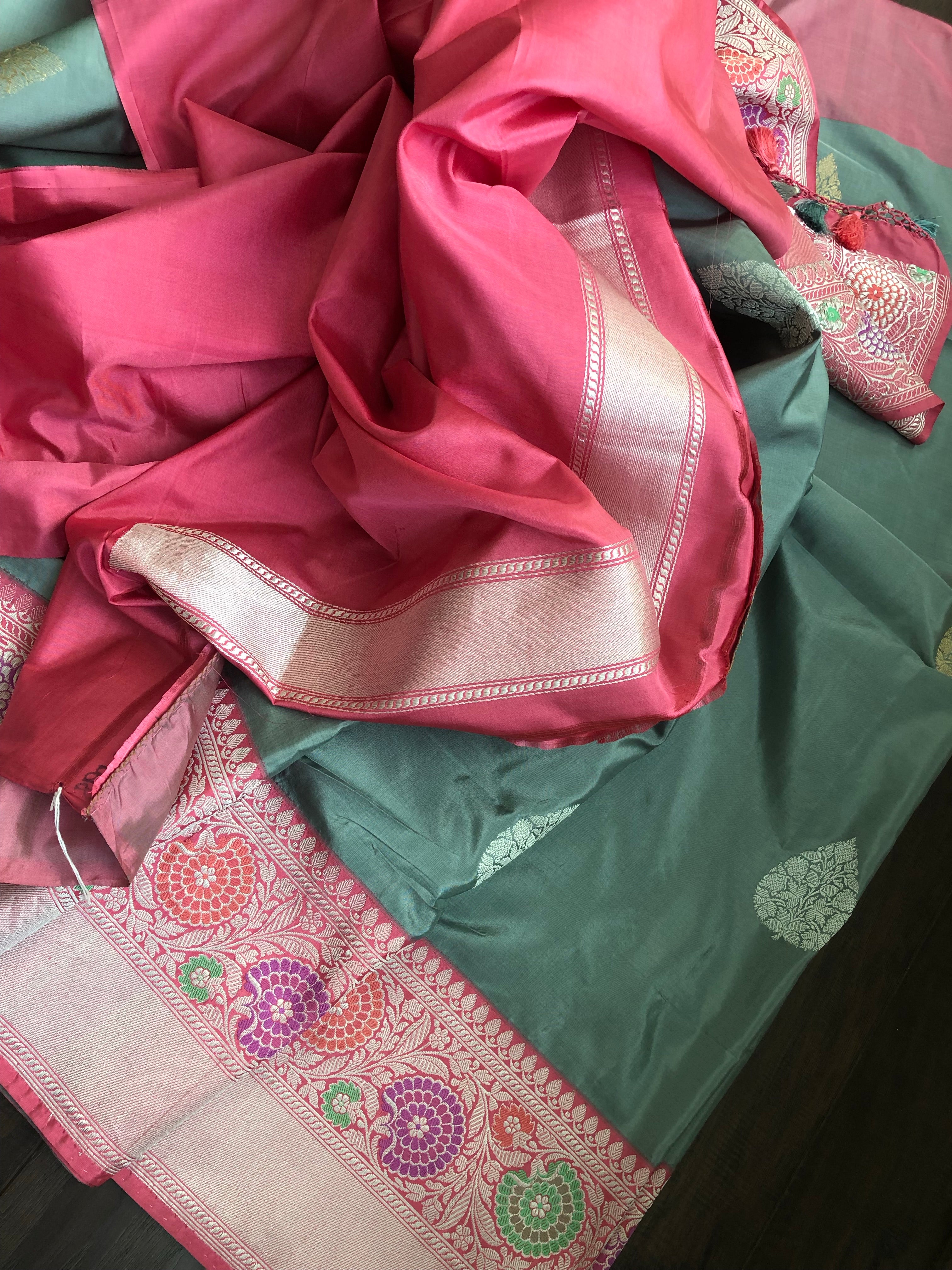Pure Katan Silk Benarasi - Grey Golden Silver Zari