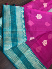 Tussar Silk Banarasi - Magenta Pink Rama Green Zari checkered