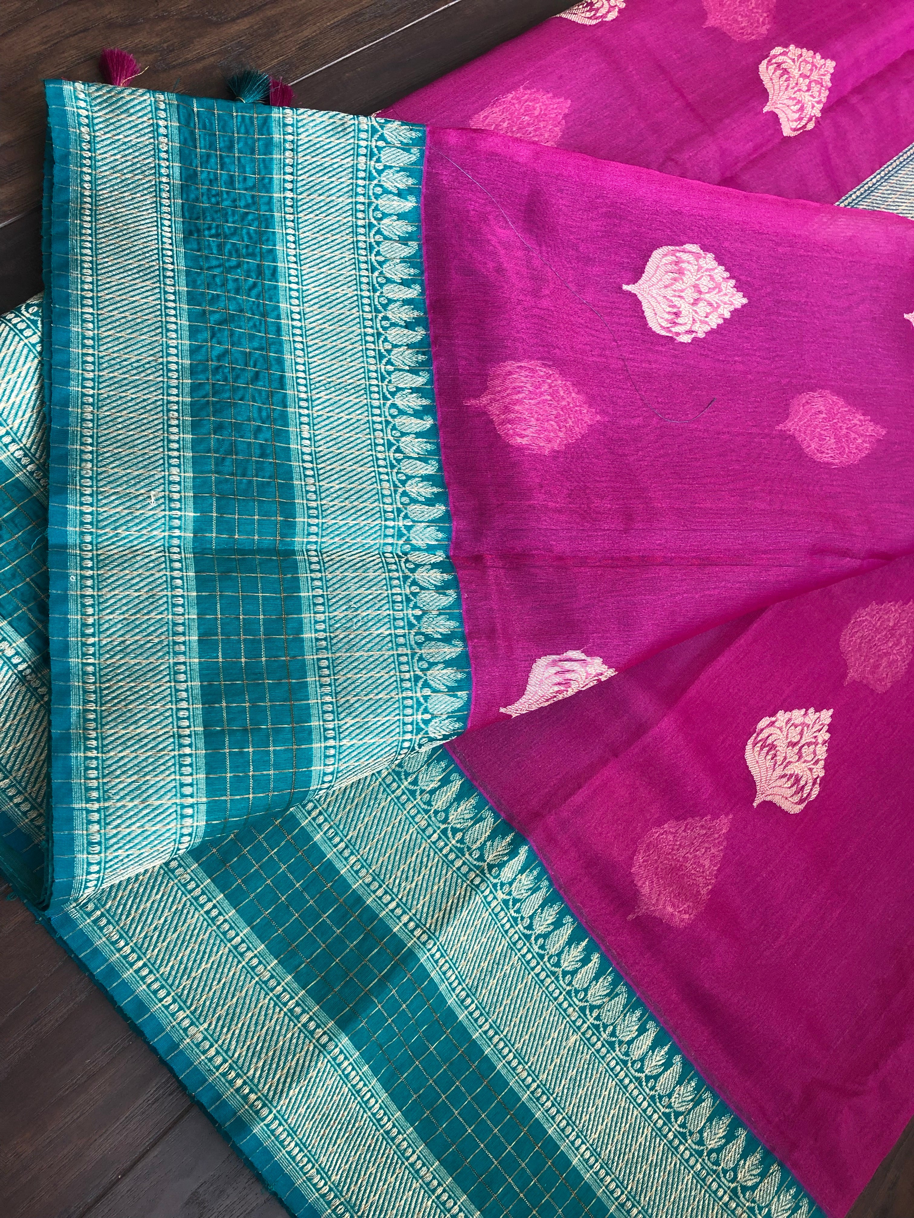 Tussar Silk Banarasi - Magenta Pink Rama Green Zari checkered