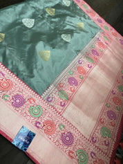 Pure Katan Silk Benarasi - Grey Golden Silver Zari