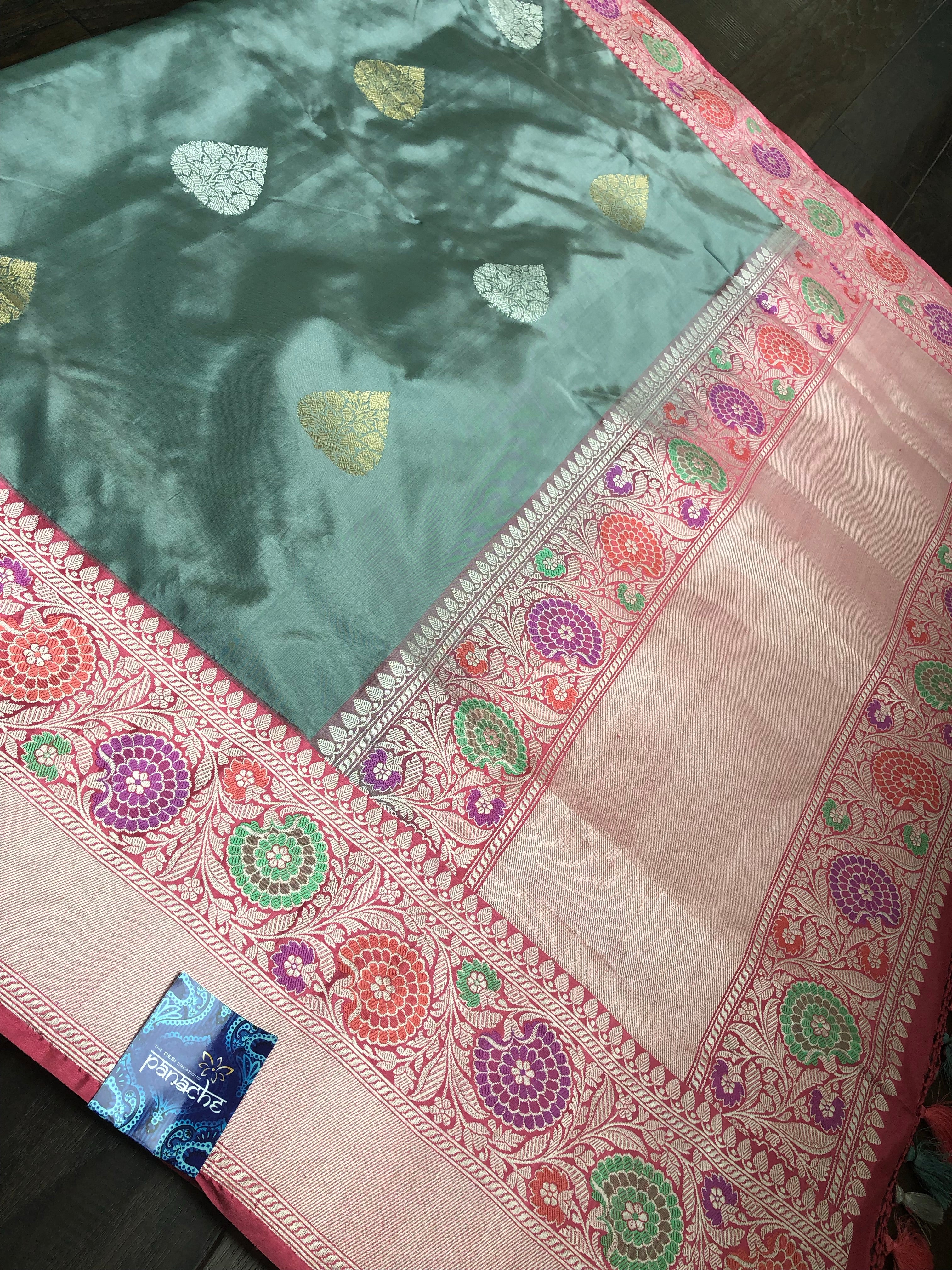 Pure Katan Silk Benarasi - Grey Golden Silver Zari
