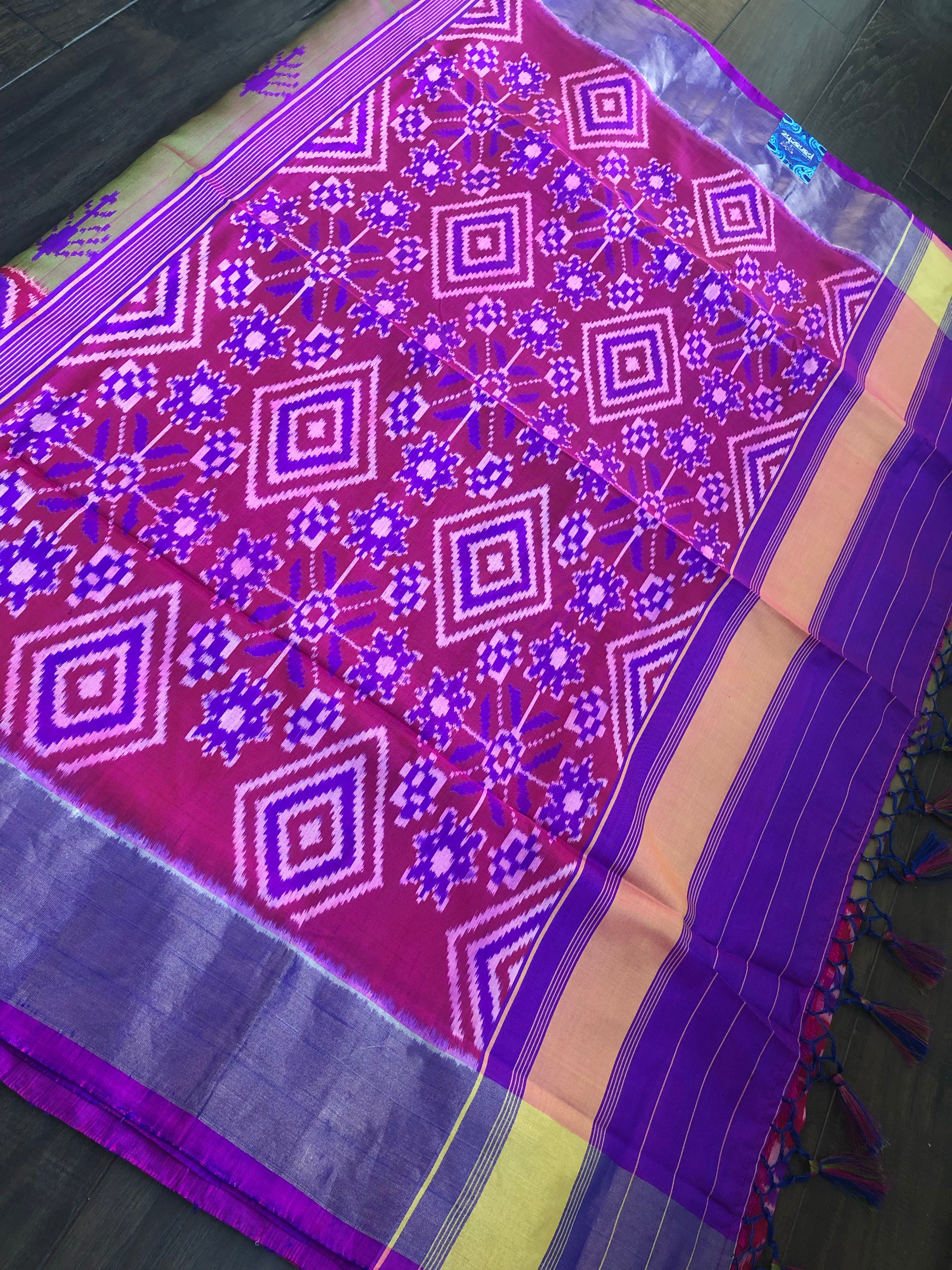 Patan Silk Patola - Green Magenta Dual Shaded
