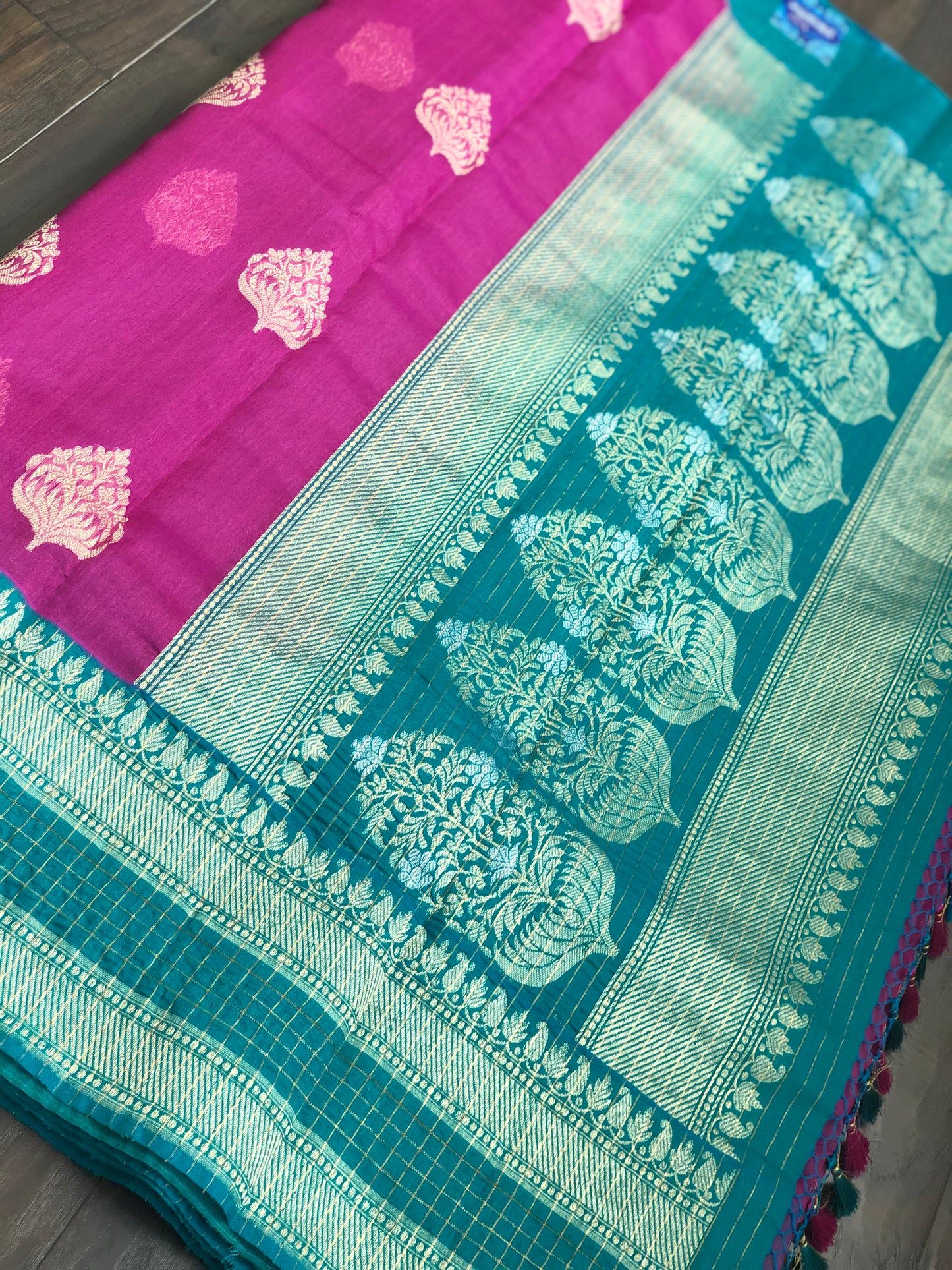 Tussar Silk Banarasi - Magenta Pink Rama Green Zari checkered
