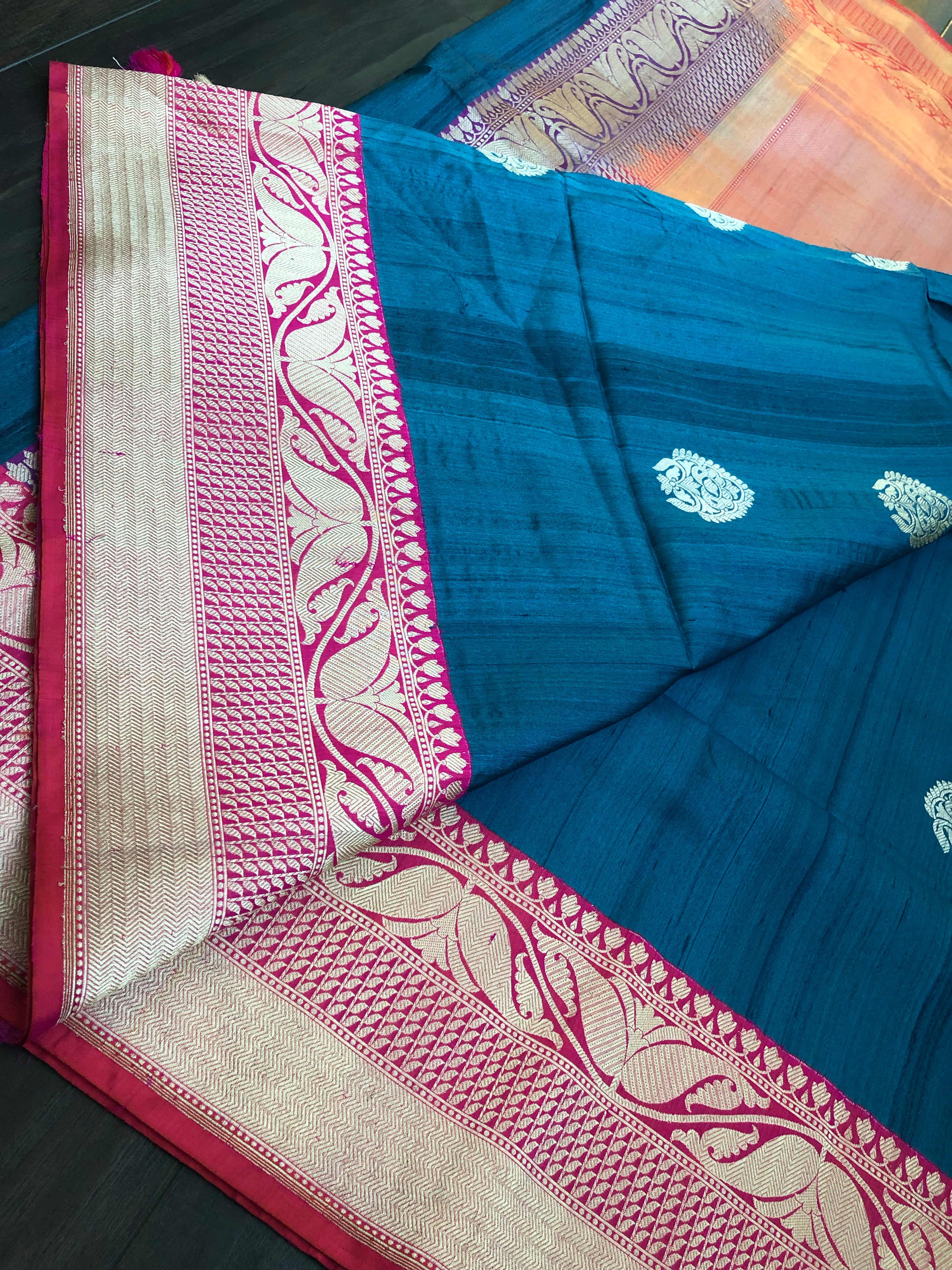 Exclusive Pure Tussar Silk Benarasi - Teal and Pink