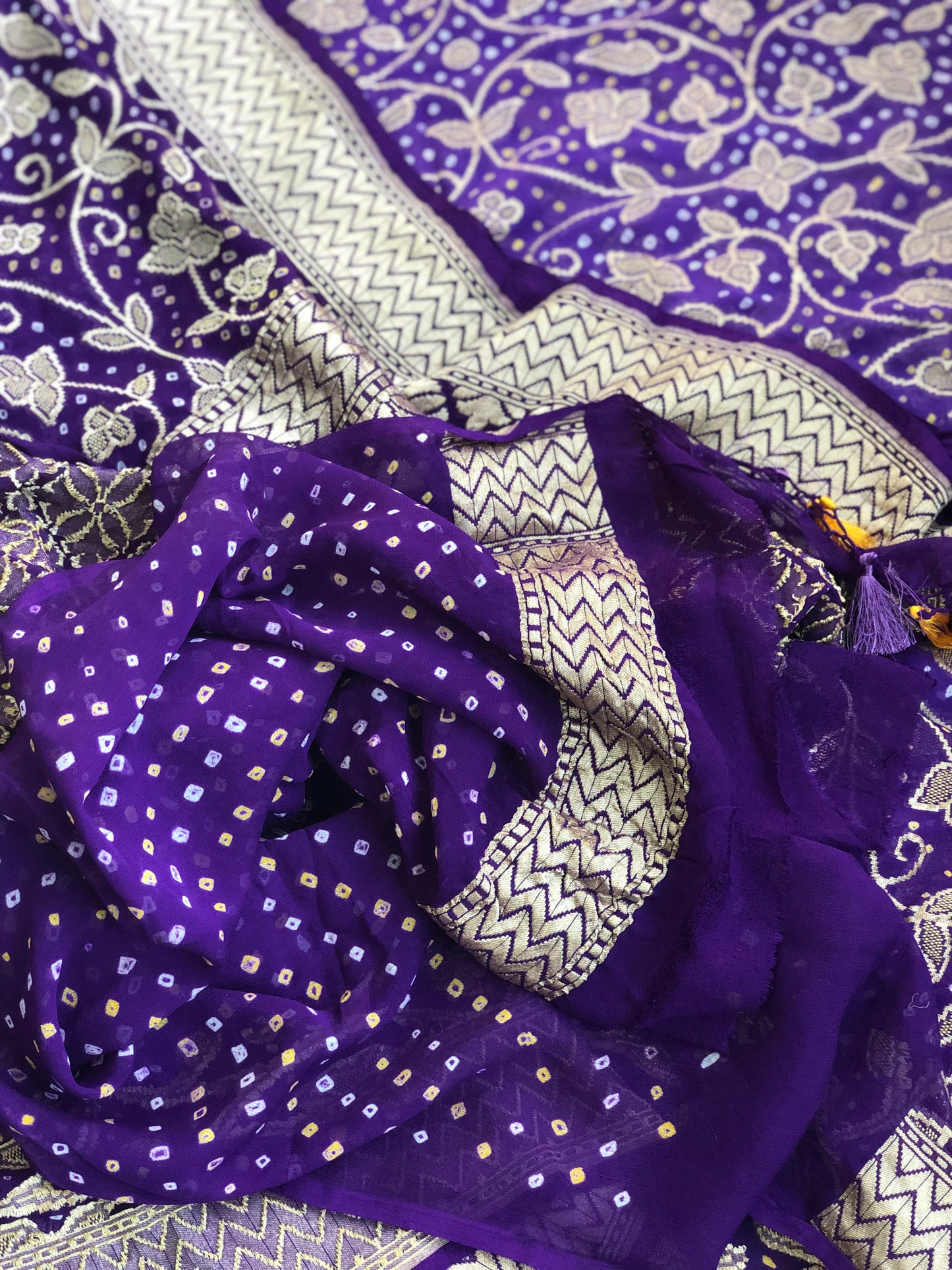 Bandhej Khaddi Georgette Banarasi - Purple Bandhej