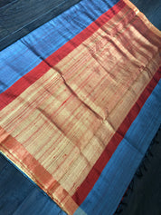 Pure Raw Silk -  Grey Body Red Pallu